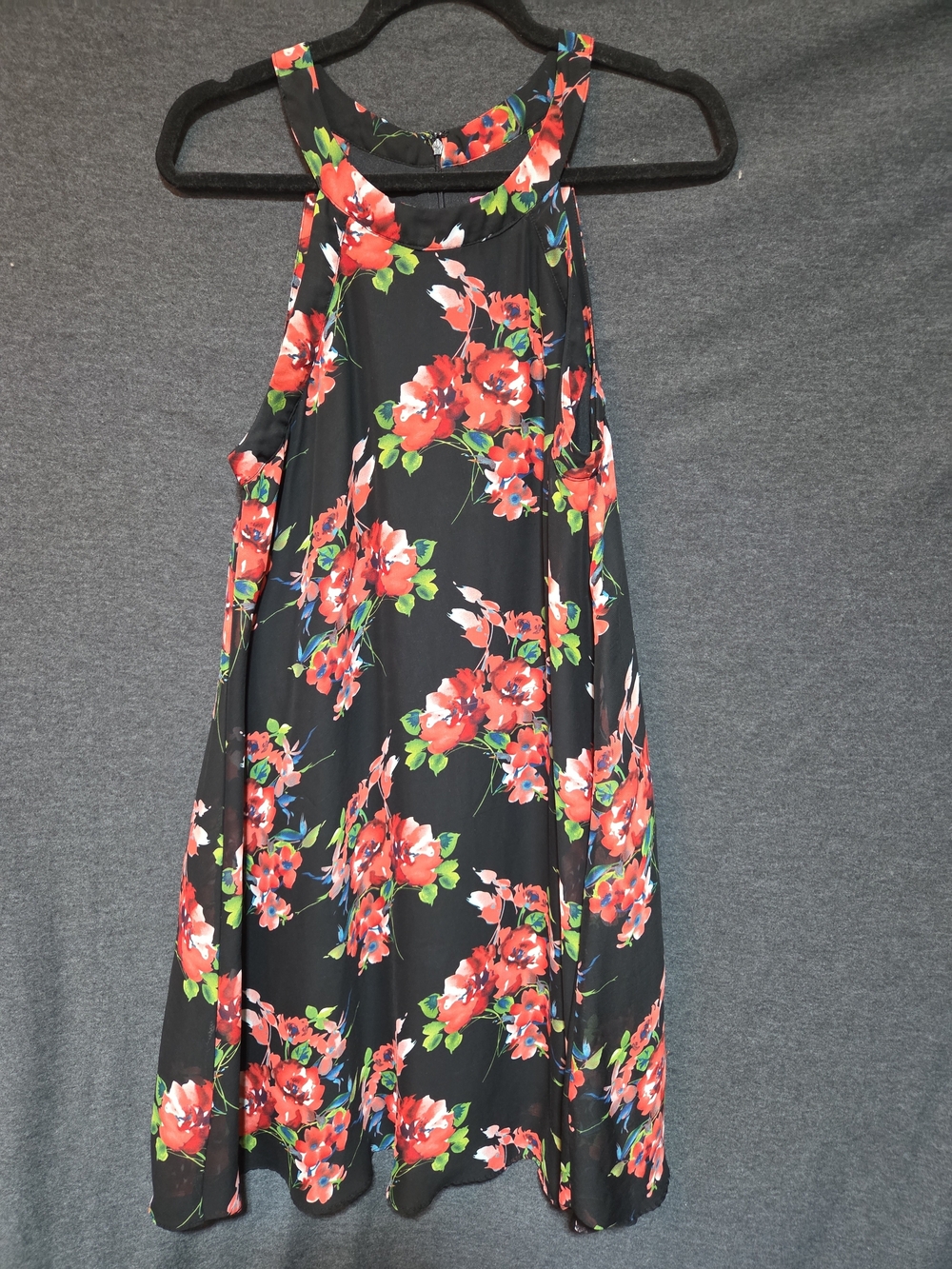 Betsey Johnson Black Floral Halter Mini Dress with Red & Green Print Sz 10